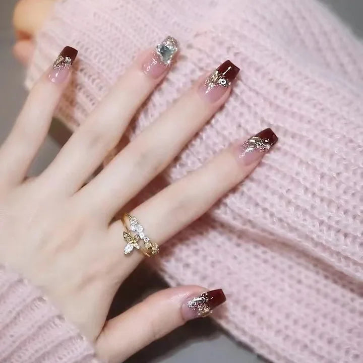 maoxiangshop 24pcs Wearable Pink Press On Fake Nails Tips With Glue false nails design Butterfly Lovely Girl false nails With Wearing Tools