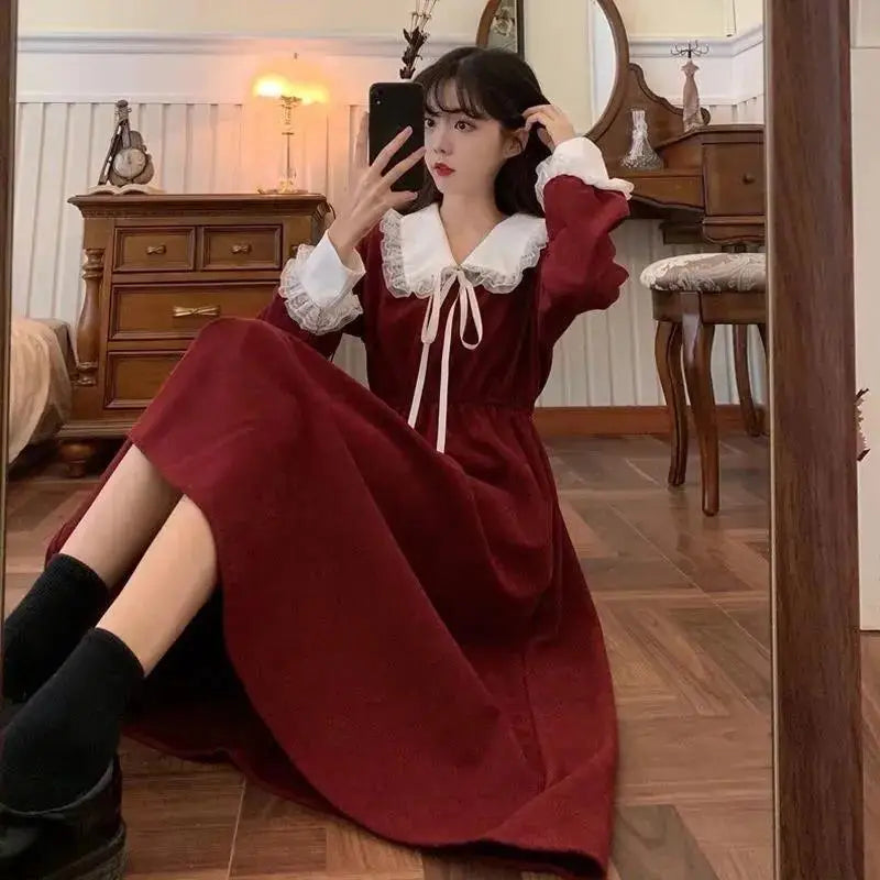 maoxiangshop New Vintage Shirt Dress Women Autumn Spring Long Sleeve Robe Kawaii Lolita Elegant Midi Dresses Korean Fashion Vestido платье