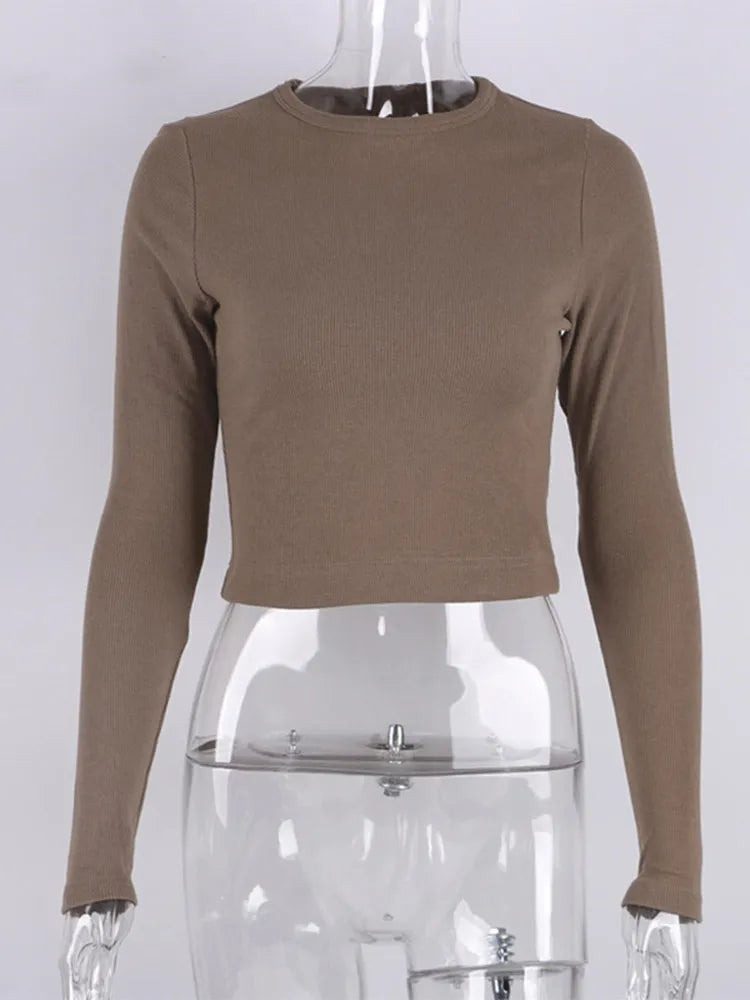 maoxiangshop O Neck Long Sleeve Shirt Women Ribbed Sexy Cropped Tops Spring Black Casual Skinny Slim Basic Woman T Shirts White