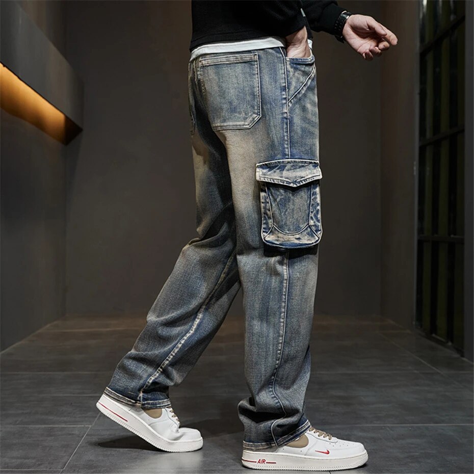 maoxiangshop 42 44 Plus Size Jeans Men Denim Pants Baggy Jeans Vintage Cargo Pants Loose Fashion Causal Trousers Male Big Size Bottoms