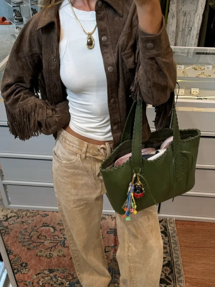 maoxiangshop - Fashion Brown Tassel Women's Jacket Casual Single Breasted Long Sleeved Flip Pockets Outerwear Chic Autumn High Street Coats