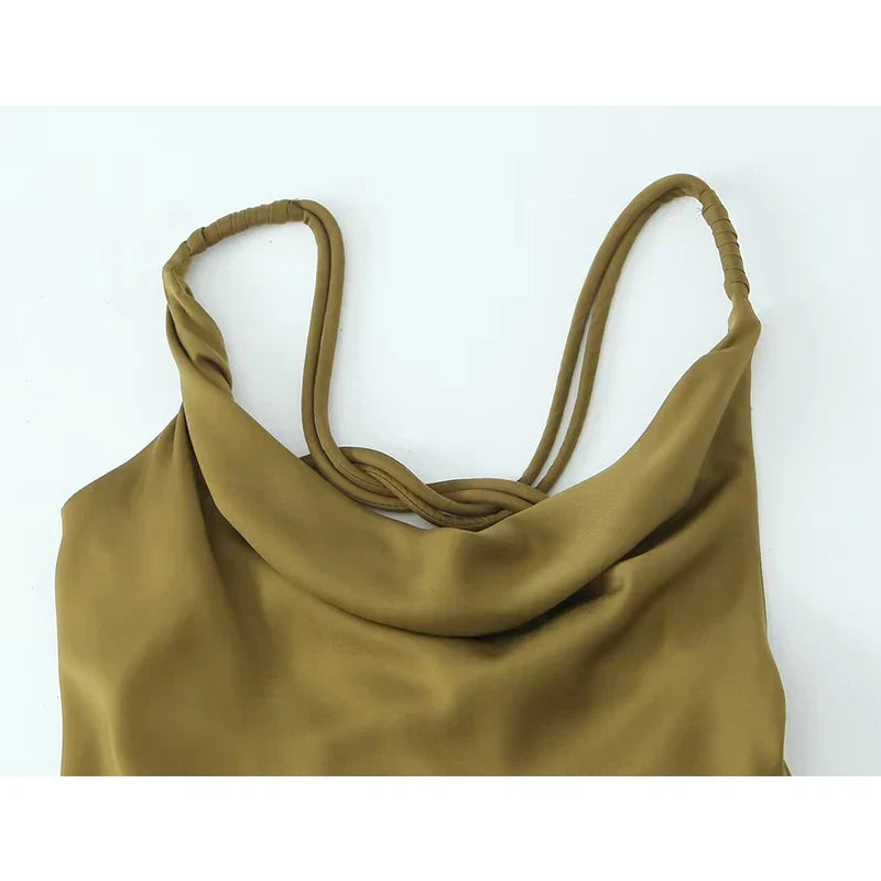 maoxiangshop-Sexy Women Olive Green Backless Swinging Collar Satin Slip Dress