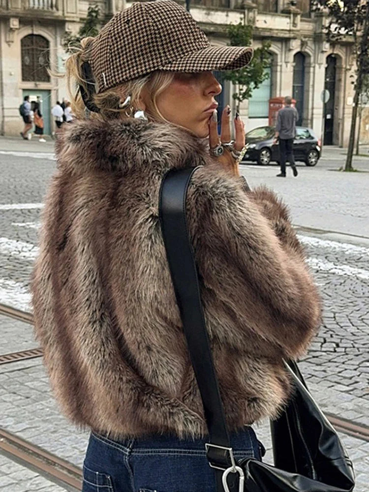 maoxiangshop - cold weather outfuts Fashion Faux Fur Short Coat Women Lapel Patchwork Zipper Long Sleeve Jacket 2024 Warm Autumn Winter Pocket Lady Street Outwear