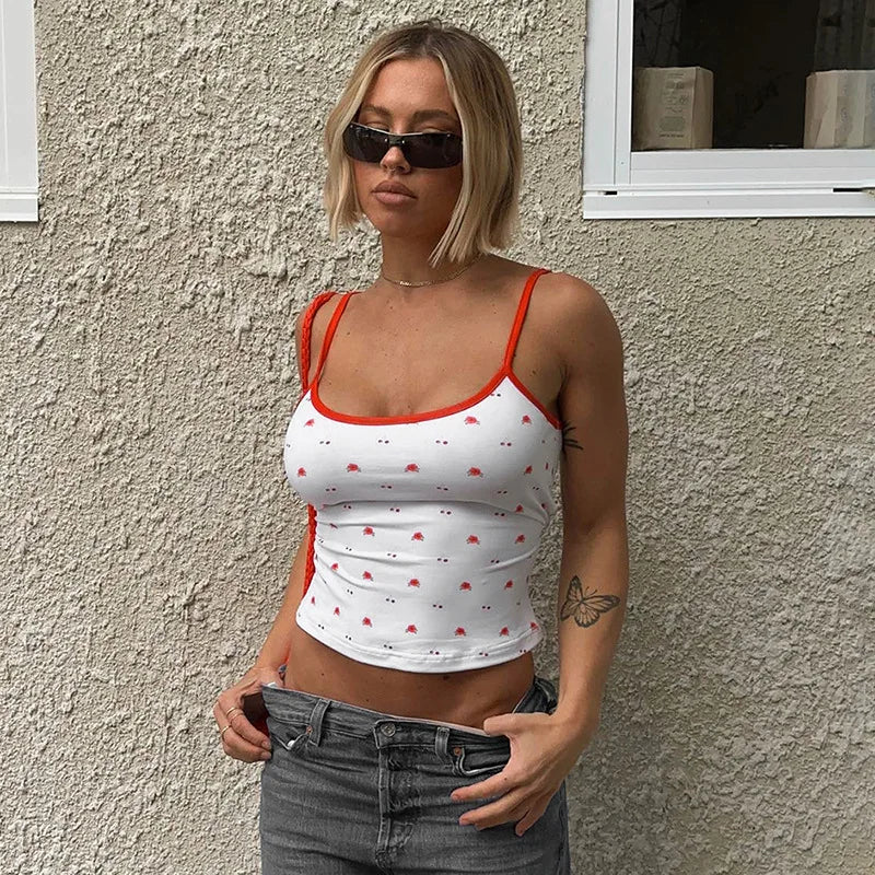 maoxiangshop - Cherry Flower Print White Camisole Y2k Cute Core Girls Summer Clothes Tie Back Sexy Crop Top Women