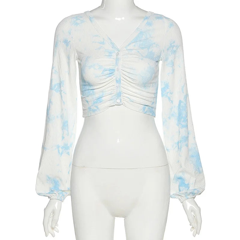 maoxiangshop - Autumn Women New Long Sleeve Tie-dye V-neck T Shirt Casual Office Crop Top Lady V Neck Elegant Rib Knitting Slim Top Mujer