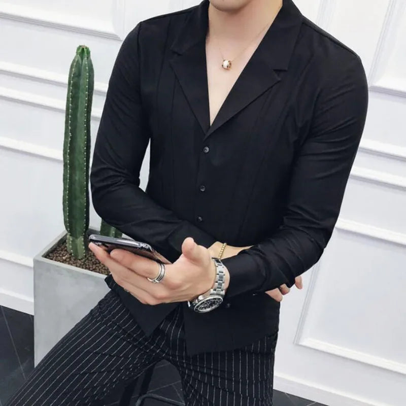 maoxiangshop Men Clothing High Quality Spring Long-Sleeved Shirts/Male V-neck Slim Fit Casual Business Dress Shirts Plus Size S-4XL