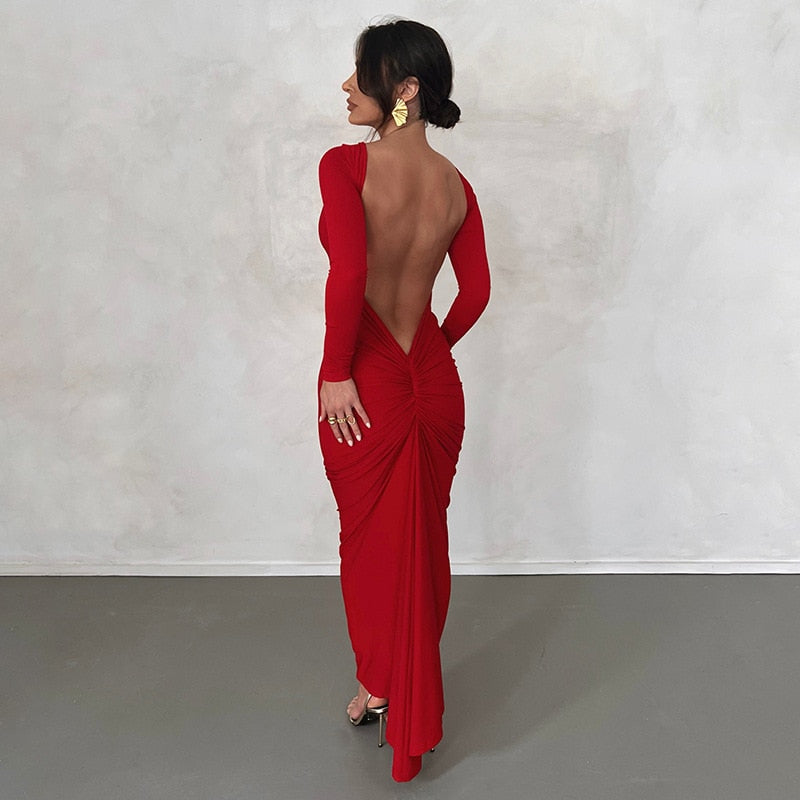 maoxiangshop Backless Maxi Dress Elegant Red Long Sleeve Sexy Ruched Bodyocn Evening Party Dress for Women Spring Slim Christmas Outfits