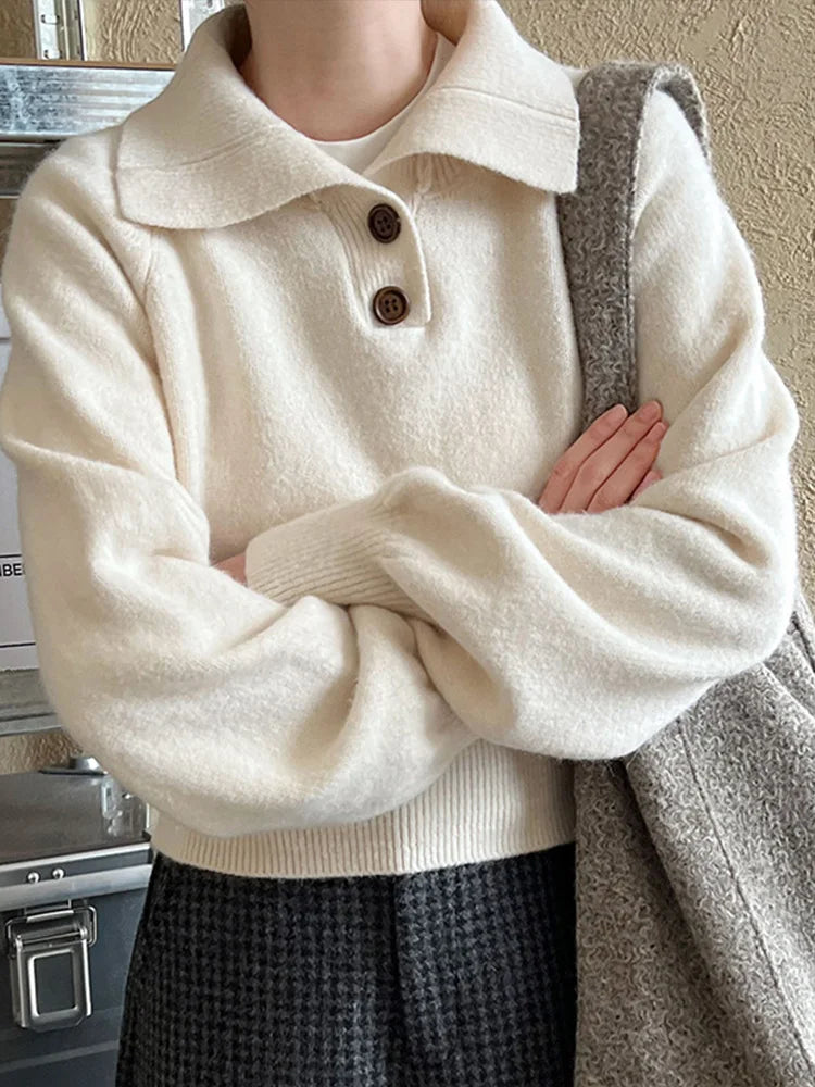 maoxiangshop - Casual Solid Knitted Lapel Sweaters Women Vintage Loose Button Long Sleeve Pullover Sweater Female Autumn Elegant Chic Base Tops