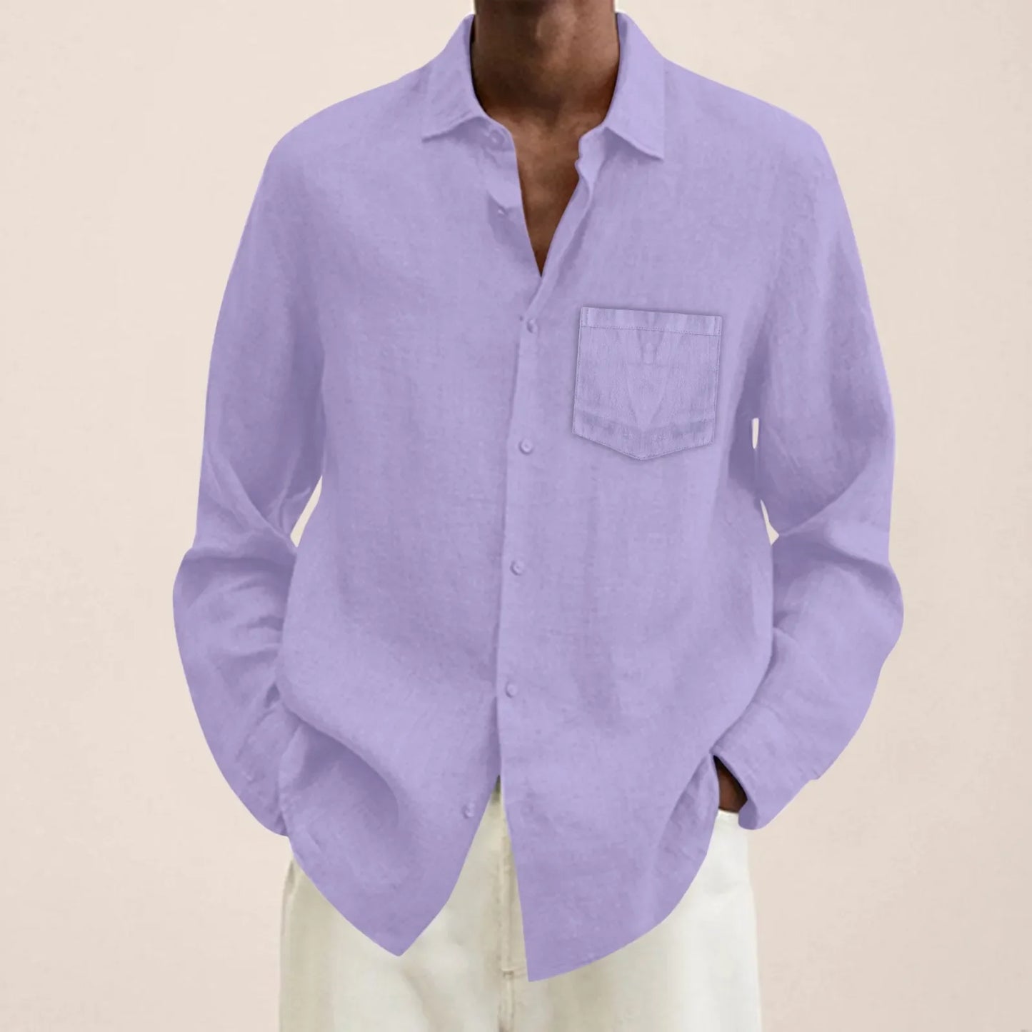 maoxiangshop Male Summer Cotton Linen Solid Casual Plus Size Loose Shirt Mens Turn Down Long Sleeve Shirt