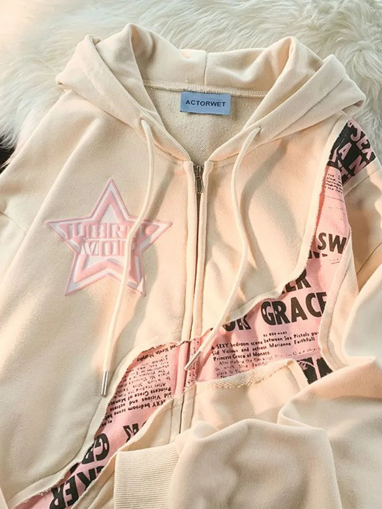maoxiangshop1 Y2K Vintage Zip Up Hoodies Women Harajuku Hip Hop Letter Print Sweatshirts Gothic Streetwear Loose Patchwork Tops Coats