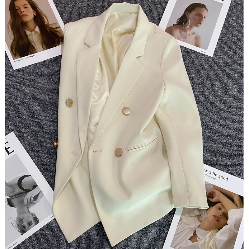 maoxiangshop Women Casual Blazer Double Breasted Suit Jacket Korean Version Pure Color Loose Fashion Suit Jacket Simple Office Ladies Tops