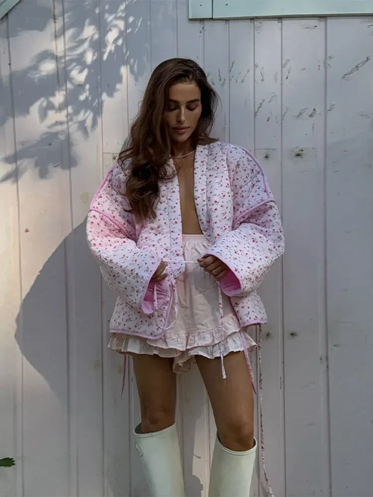maoxiangshop - 2024 New Pink Floral Cotton Coats Women Fashion V-neck Full Sleeve Lace Up Loose Jacket Autumn Winter Chic Warm Lady Outerwear