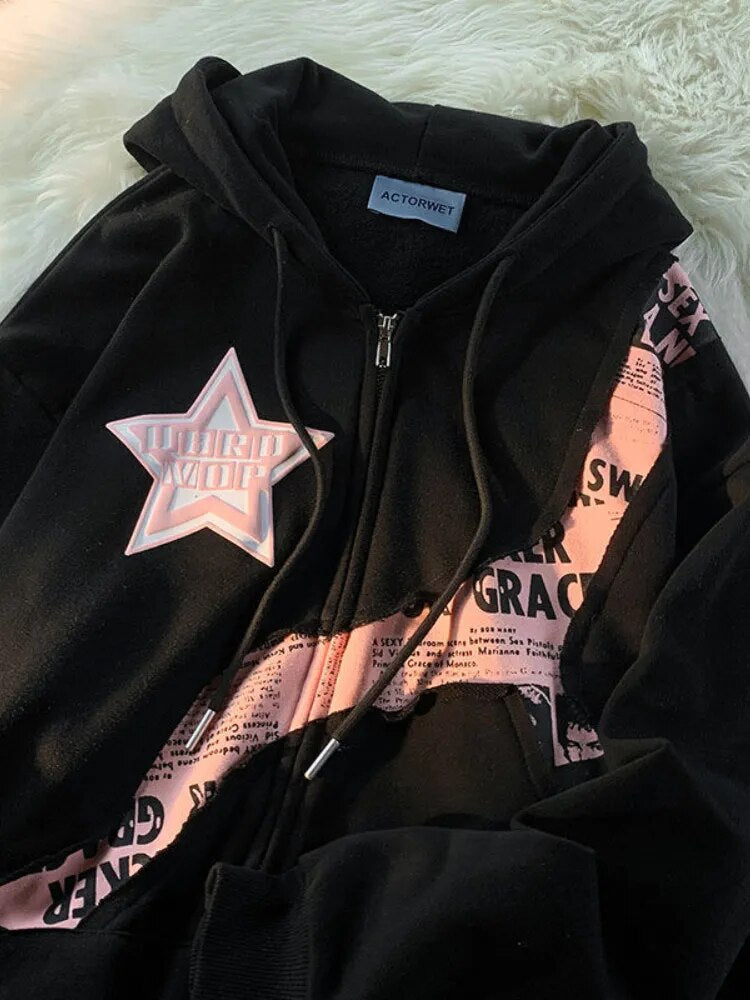 maoxiangshop1 Y2K Vintage Zip Up Hoodies Women Harajuku Hip Hop Letter Print Sweatshirts Gothic Streetwear Loose Patchwork Tops Coats