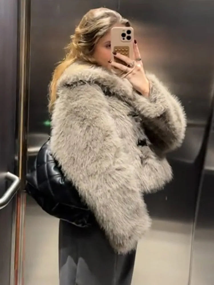 maoxiangshop - Vintage Faux Fur Button Coats Women Winter Loose Solid Plush Lapel Cost Female Autumn Warm Versatile High Street Outwear