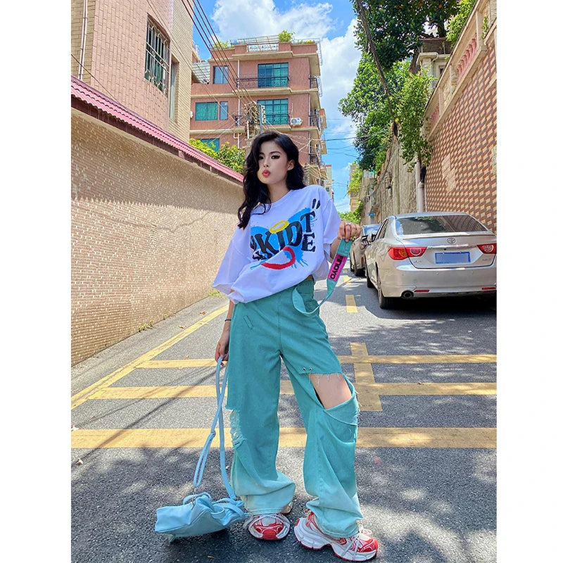 maoxiangshop - Blue Jeans Women Belt High Waist American Wide Leg Pants Y2K Style Fashion Streetwear Female Pants Autumn Straight Trousers