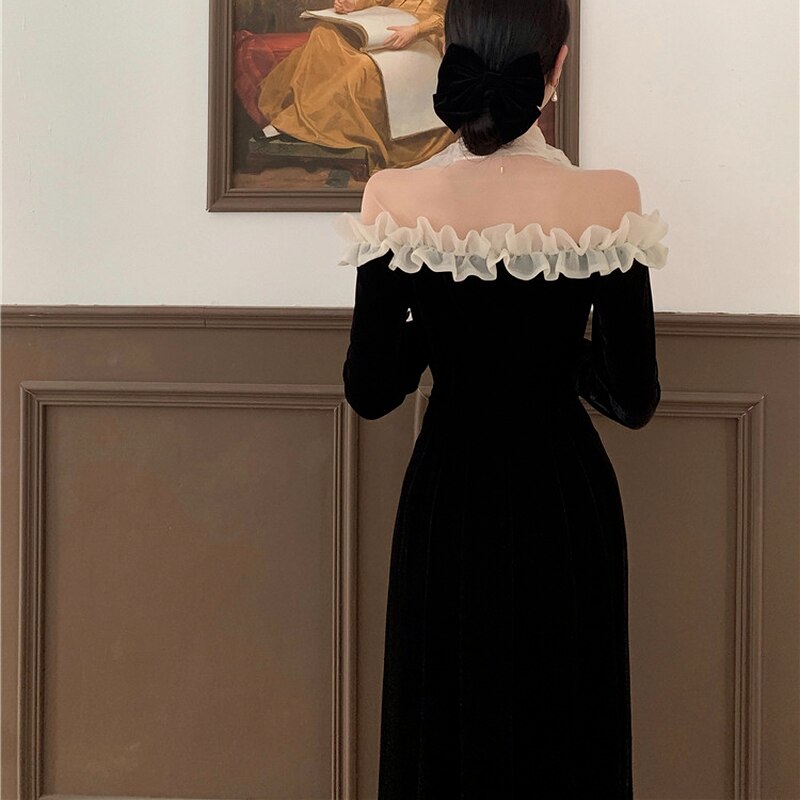 maoxiangshop Winter Velvet France Vintage Dress Women Korean Elegant Evening Party Midi Dress Ladies Long Slevee Retro Chic Dress Autumn