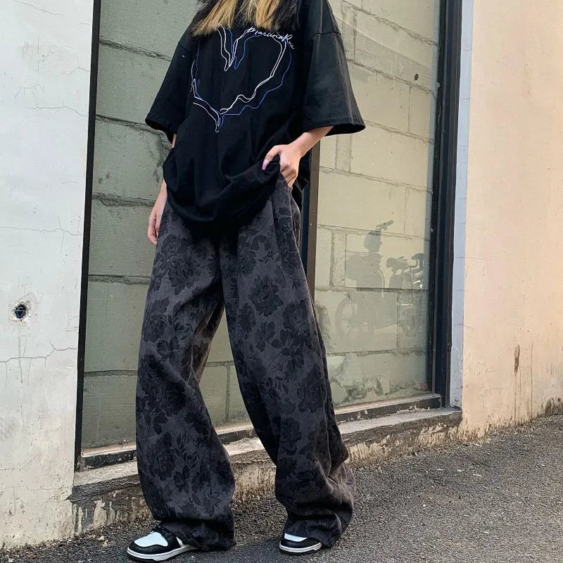 Lucyever Summer Thin Retro Corduroy Pants Women Harajuku Printed Baggy Wide Leg Trousers Teen High Street Unisex Hip Hop Pants