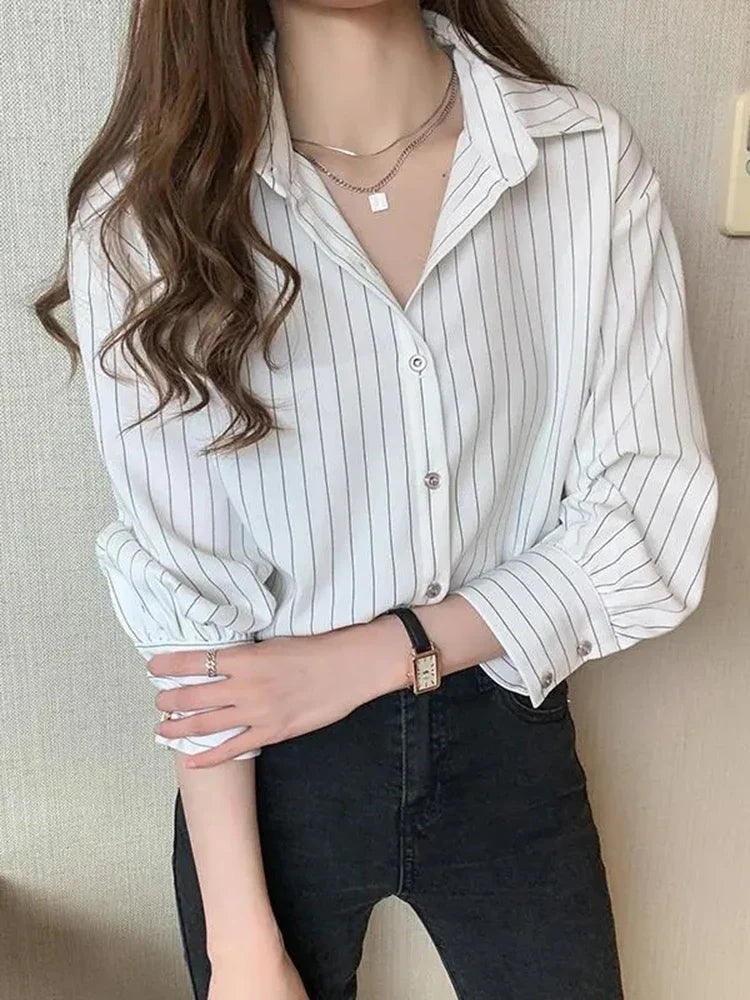 maoxiangshop Classic Striped Shirts Women Spring Autumn Polo-neck Single-breasted Long Sleeve Cardigan Blouse Fashion Office Shirt Top Women