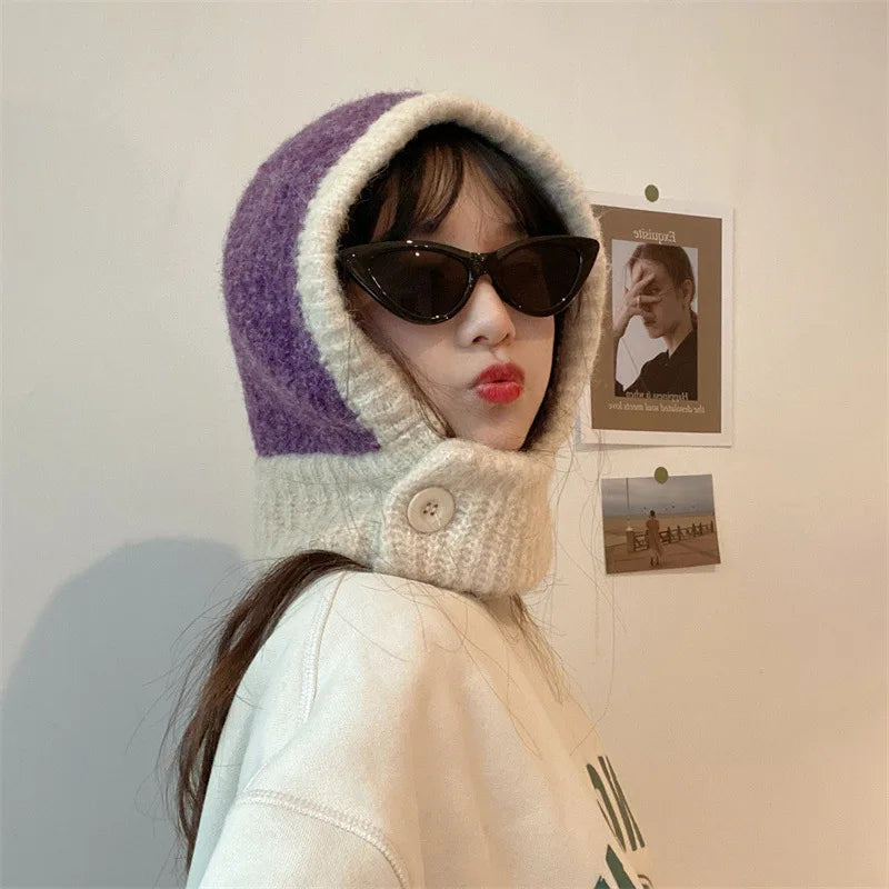 maoxiangshop Japanese Retro Balaclava Hat Winter Women Scarf Hat Set Neck Cold Proof Warm Knit Cap Female Fashion Color Matching Women's Hats