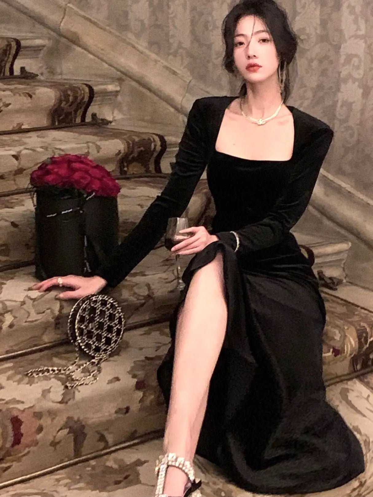 Spring New Women Elegant Long Black Velvet Dress Sexy Prom Evening Party Birthday Club Fashion One Piece Clothing