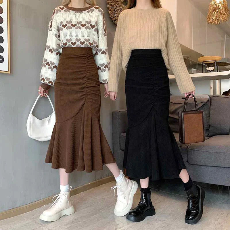 maoxiangshop Fashion High Waist Midi Skirts for Women Spring Slim Fit Hip Mermaid Skirt Woman Korean Ruffles Brown Skirts 2XL