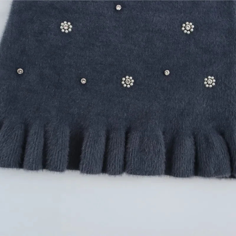 maoxiangshop - Elegant Bead Mini Dresses for Women Faux Fur Hanging Collar Sleeveless Slim Female Short Dress 2024 Autumn New Party Robes