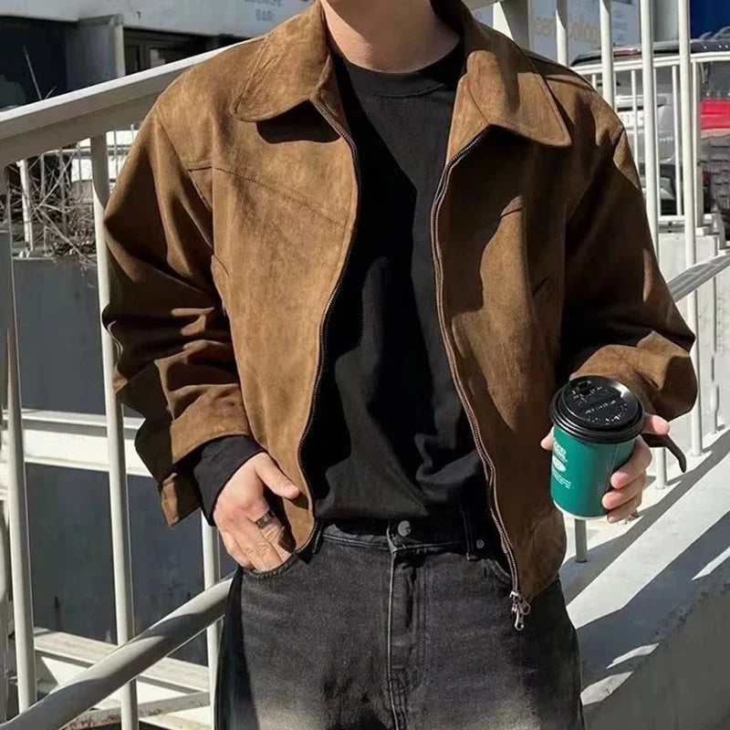 maoxiangshop Elegant Solid Brown Coat Men Spring Autumn High-End Loose Lapel New Zipper Short Jacket Vintage Streetwear Bomber Jacket