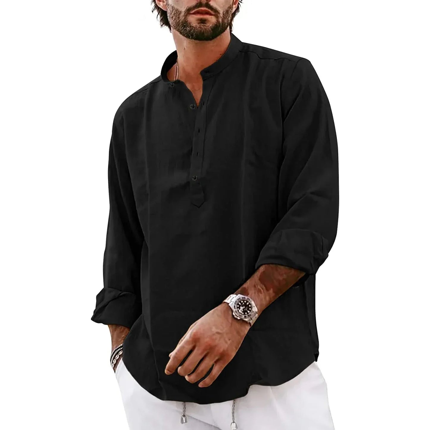 maoxiangshop Streetwear Mens Cotton Linen Shirts Casual Lightweight Long Sleeve Henley Shirts for Men Beach Hawaiian Breathable T Shirts