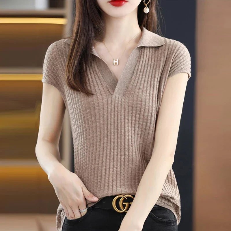 maoxiangshop Spring and Summer New Cashmere Sweater Polo collar Women's Short sleev Knitted Sweater Loose Thin Pullover Short-Sleeved