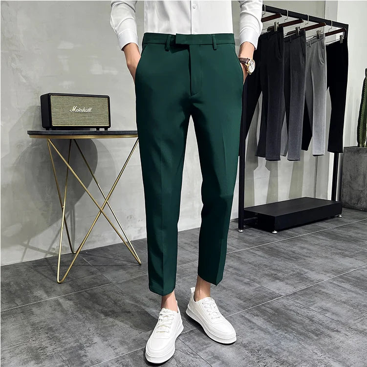 maoxiangshop 2024 Summer Fashion Mens Dark Green Suit Pants Pure Color Business Occupation Slim Fit Dress Office Ankle Trousers