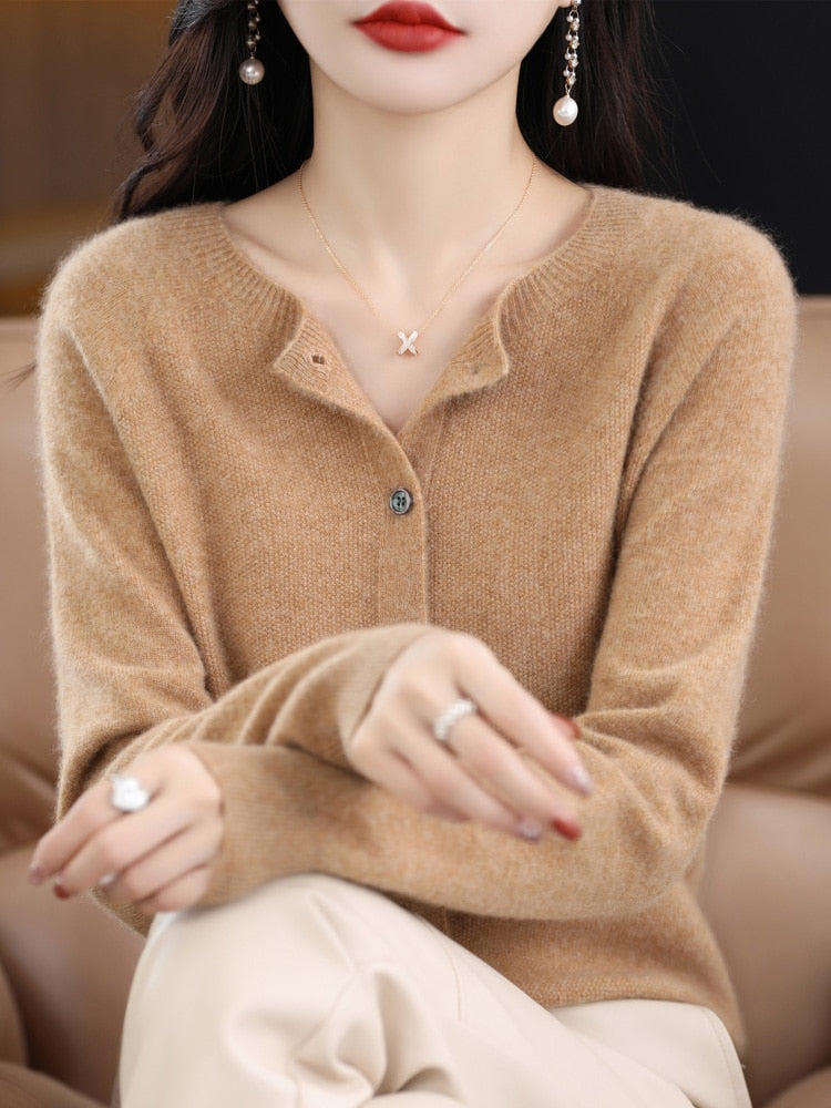 maoxiangshop Aliselect Long Sleeve Women Knitwear Cashmere Knit 100% Pure Merino Wool Spring Autume O-Neck Top Cardigan Sweater Clthing Coat