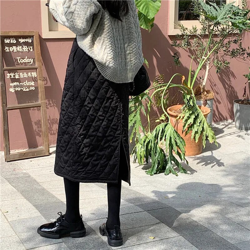 maoxiangshop Black Quilted Skirt Winter Women Pull-on Long Padded Skirt with Pocket Classic Warm Outfit