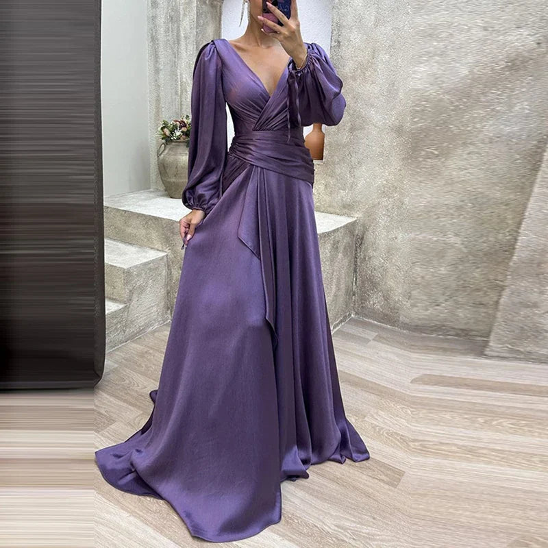 maoxiangshop Cocktail Full Length Women Hem Maxi Dress Luxury Female V-neck Waist Party Dress Elegant Lantern Sleeve Ruffle Satin Dresses