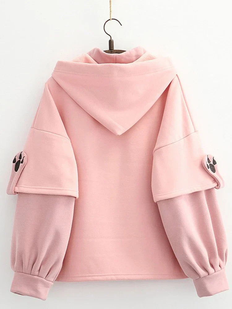 maoxiangshop Fleece Pink Winter Hooded Sweatshirt Cartoon Cat Print Cute Hoodies Sweet Style Girl Long Sleeve Kawaii Harakuju Pullover Top