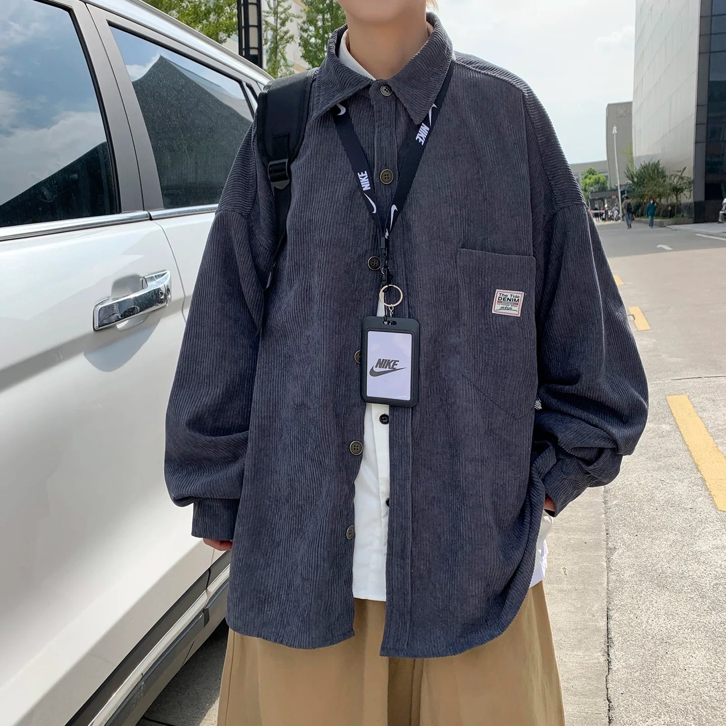 maoxiangshop Men Corduroy Shirts Harajuku Korean Loose Style Long Sleeve Vintage Streetwear Overshirt M-3XL