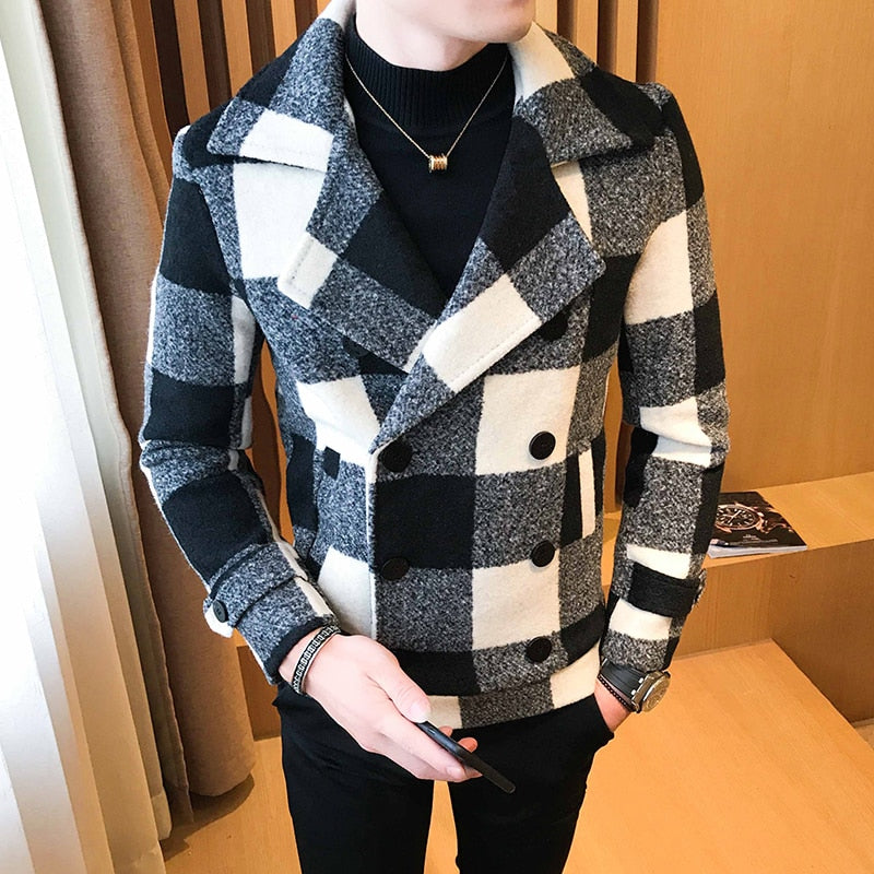 maoxiangshop Autumn Winter New Double-Breasted Windbreaker Slim Short Men Woolen Coat Fashion Retro Plaid Thick Casual Windbreaker Coat