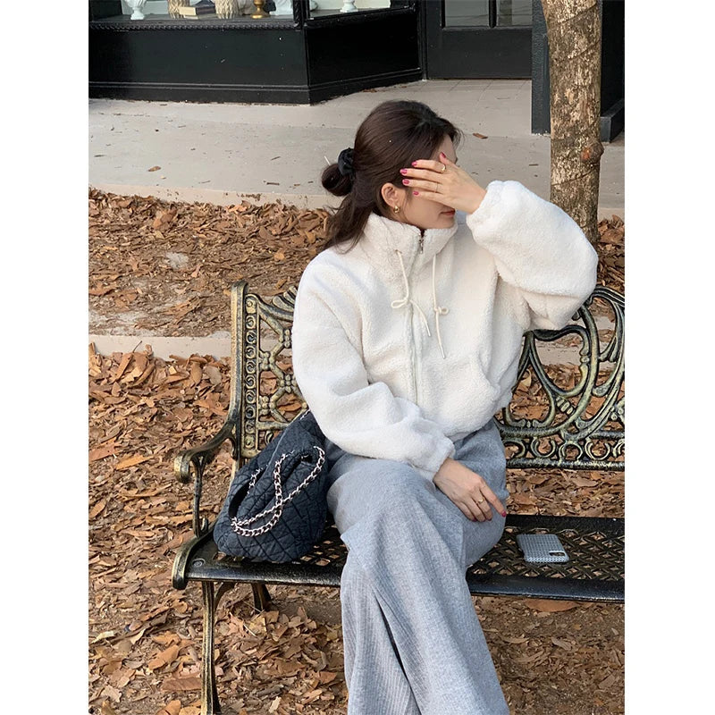 maoxiangshop - Cropped Lamb Wool Coat Women Streetwear Stand Zipper Short Jacket Winter Korean Solid Simple Warm Casual All Match Outerwear New