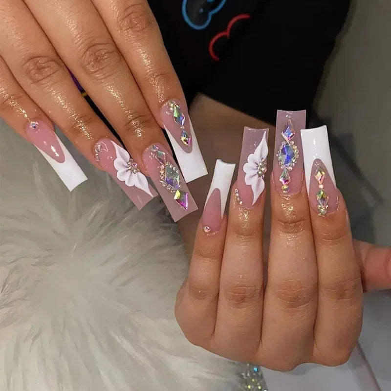 maoxiangshop 24Pcs Coffin False Nails Purple Butterfly Designs Fake Nails with Shiny Rhinestone Wearable French Full Cover Press on Nails