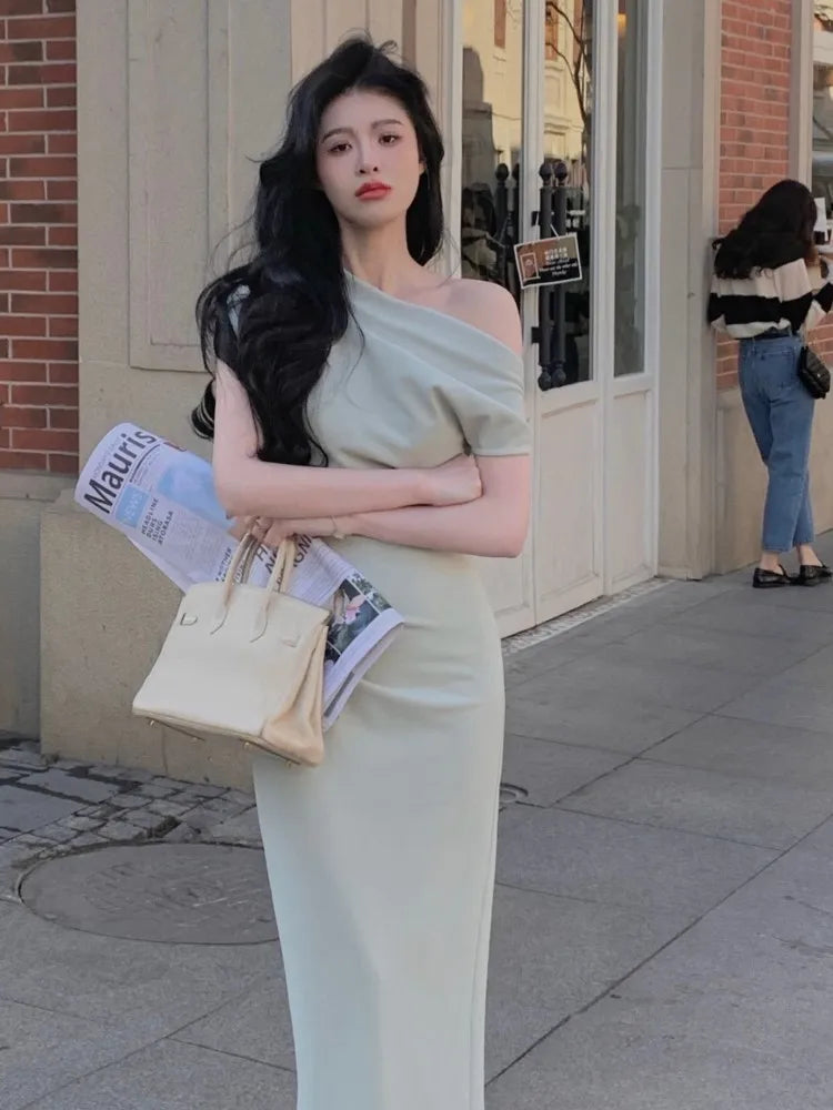 Women Elegant Solid Long Dress Summer Fashion Off Shoulder Chic Bodycon Evening Party Dresses Korean One Piece Clothing 2024