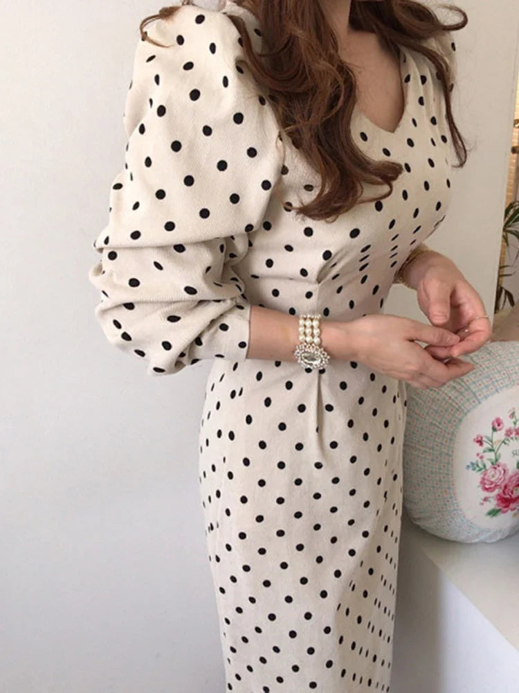 maoxiangshop Corduroy Women Autumn Mid-calf Dress Print Dot Tunic Bow Slim Pencil Dress Casual V Neck High Waist Elegant Party Vestidos