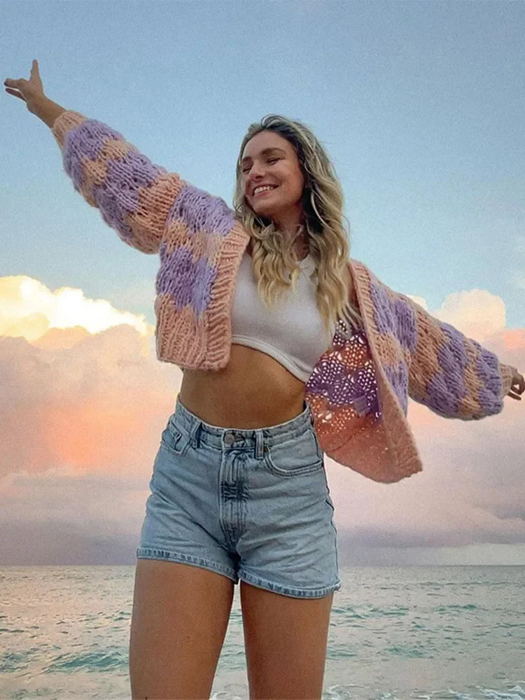 maoxiangshop - Color Blocking Knitted Cardigan For Women Casual Loose Long Sleeve Crop Sweater Female Streetwear Fashion Autumn Winter