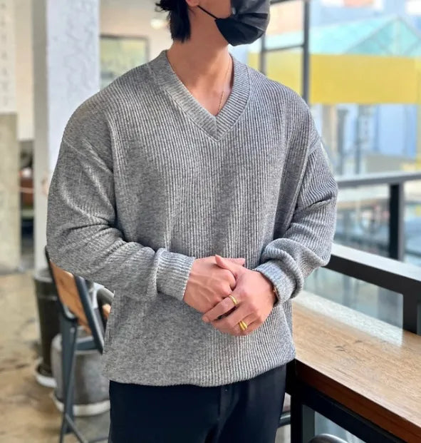 maoxiangshop Autumn/Winter Men's V-neck Pullover Sweater Korean Version Loose Solid Color Knit Leggings Over Casual Top Men's Large Size
