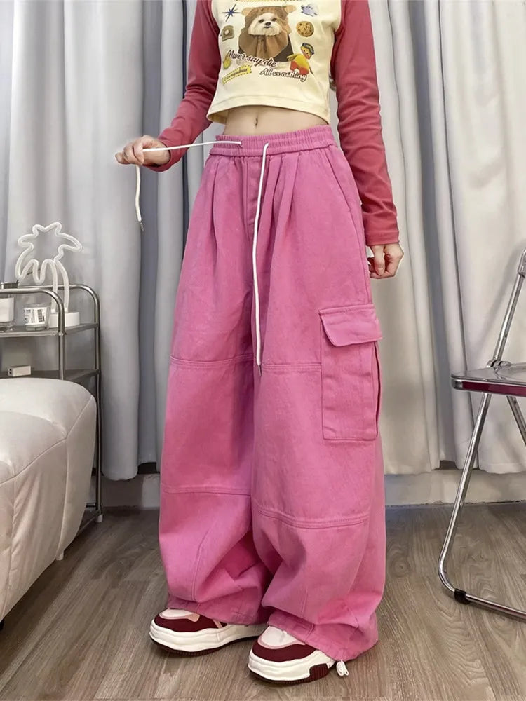 Korean Y2K Fashion Drawstring Casual Baggy Cargo Jeans Pants Women Clothing Straight Wide Leg Sweatpants Female Trousers