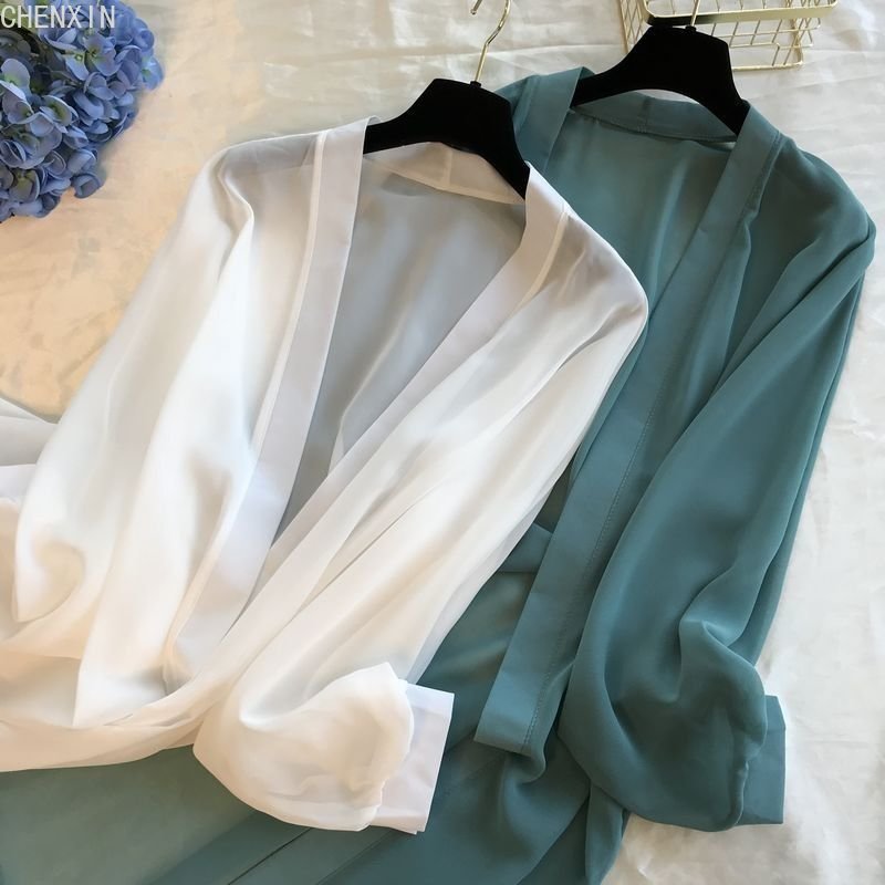 maoxiangshop long Jacket Women Summer Thin Loose See-through Sunscreen Pure Long Sleeve Sexy Coat Chiffon Bohemian Female New Fashion Tops