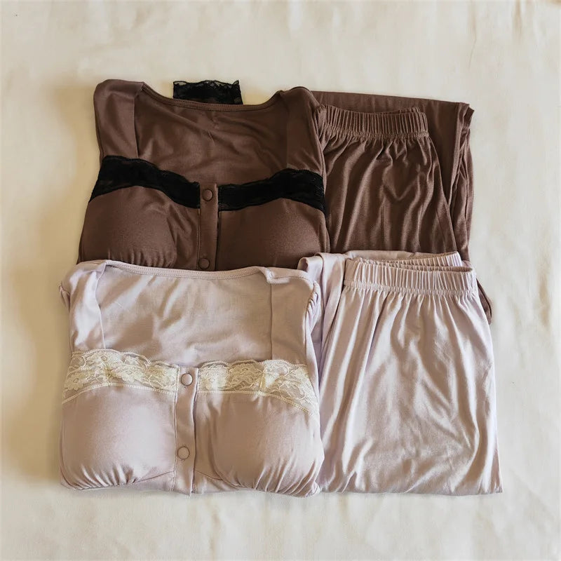 maoxiangshop - Modal Comfort Padded Top Pajamas For Women Autumn Spring Sweet Casual Lace Trim Long Sleeve Slim T-shirts + Wide Leg Pant Sets