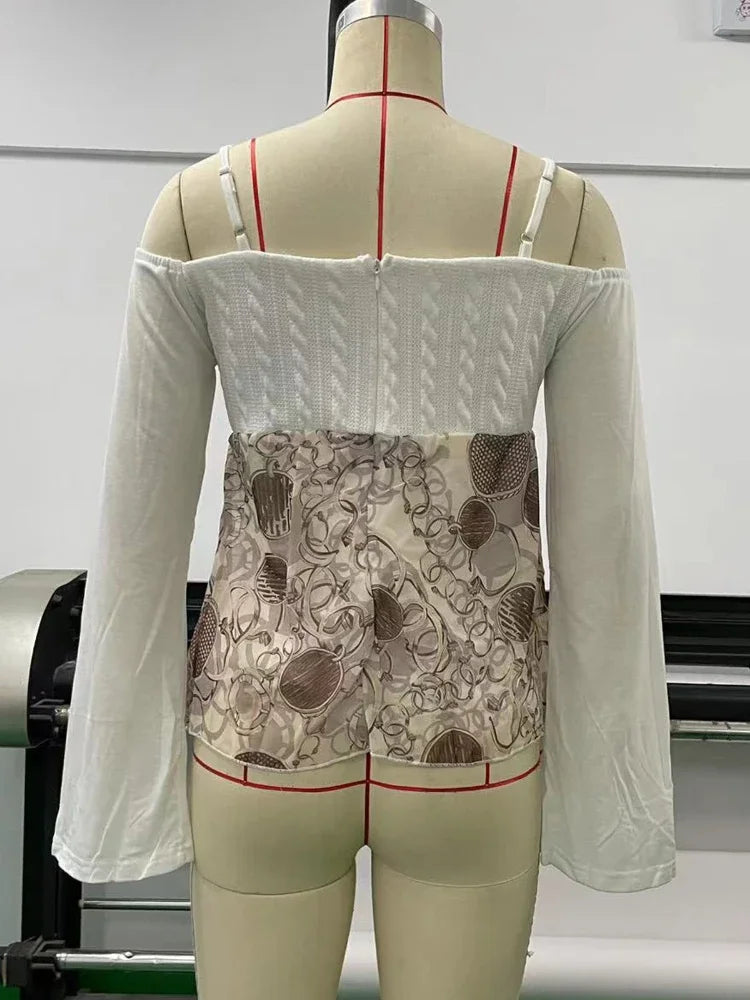 maoxiangshop Top Y2K Lolita Tops Off Shoulder Cyber Lace Top Exposure Simple Clothes 2024 Off White Women Gyaru Long Sleeve Clothes for Women