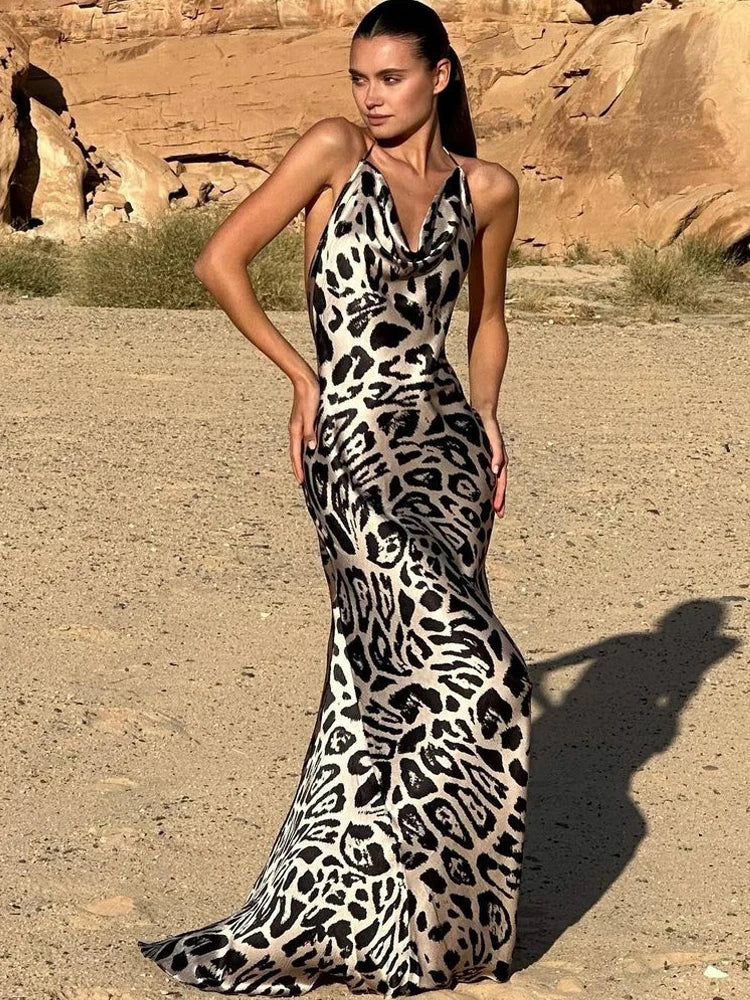 Satin Leopard Print Swinging Collar Backless Maxi Dress Halter Straps Elegant Evening Party Classic Prom Vestido