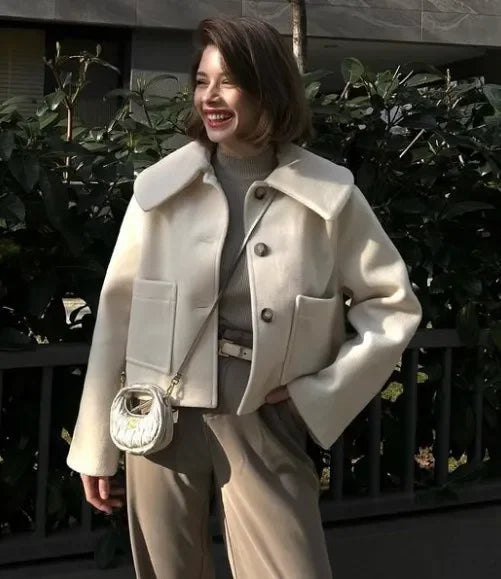 maoxiangshop - 2024 Warm Lapel Long Sleeved With Pocket Crop Jacket Women's Single Breasted Casual Coat Autumn Winter Ladies Street Outerwear