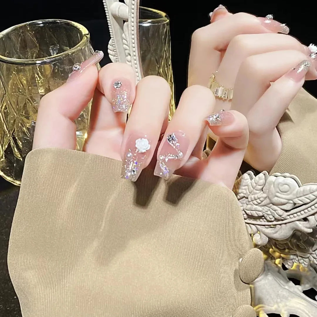 maoxiangshop 24pcs Wearable Pink Press On Fake Nails Tips With Glue false nails design Butterfly Lovely Girl false nails With Wearing Tools