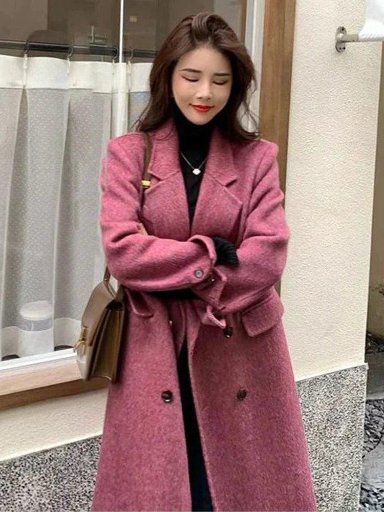 maoxiangshop - 2024 Autumn Winter Fashion Woolen Coat Women's Clothing Solid Color Lapel Double Breasted Loose Long Overcoat Lady Jacket